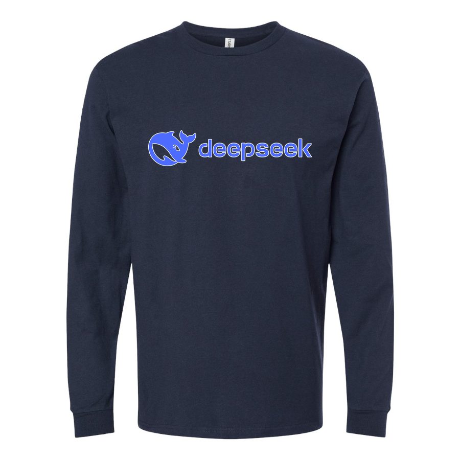 Men's DeepSeek-Logo Long sleeves Cotton Blend T-Shirt - Navy