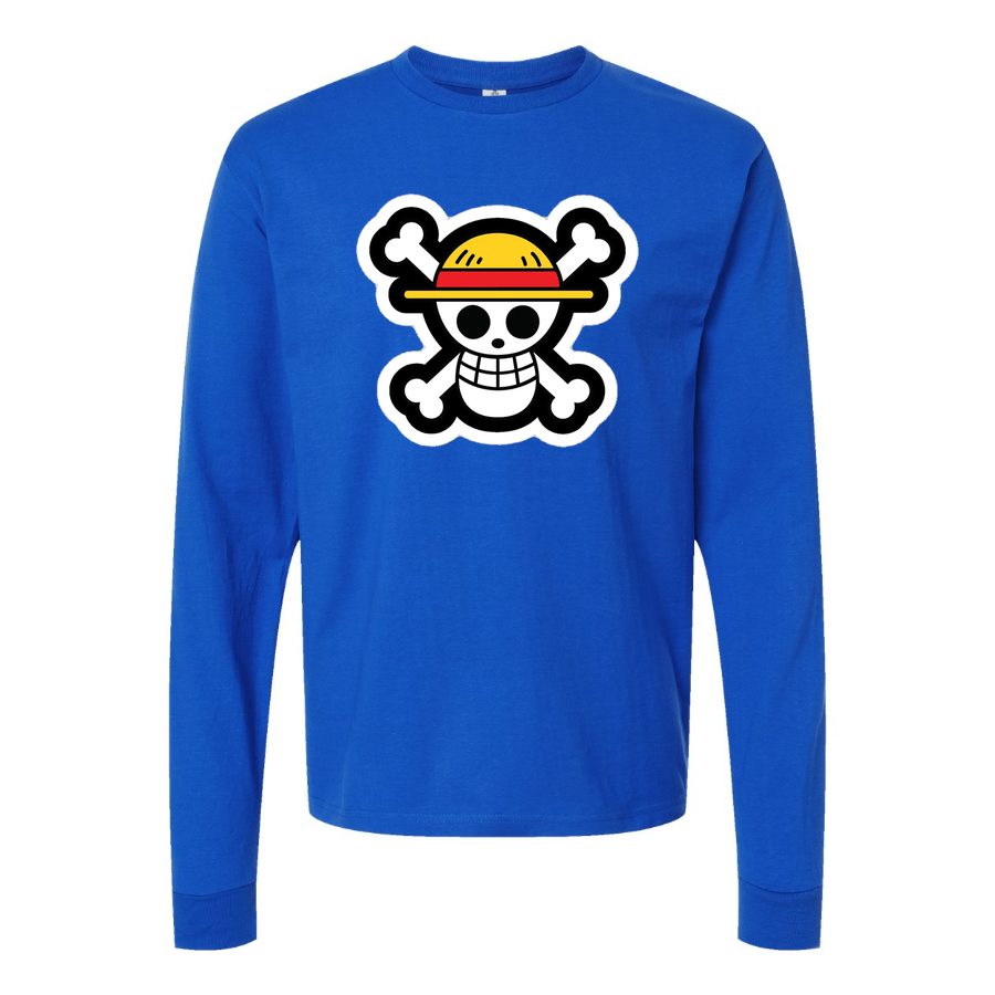 Men's StrawHat Luffy Cartoon Long sleeves Cotton Blend T-Shirt - Blue