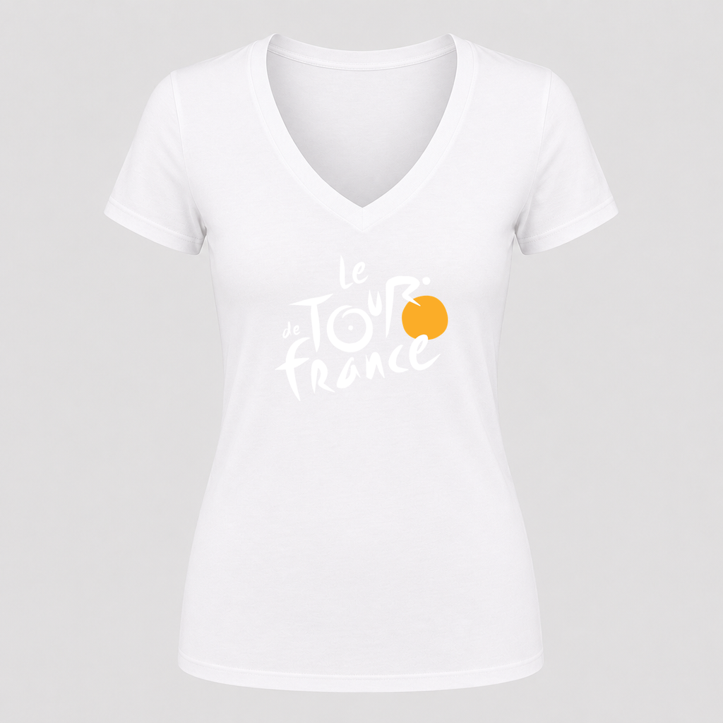 Women's Tour de France White Design V Neck T-Shirt in white