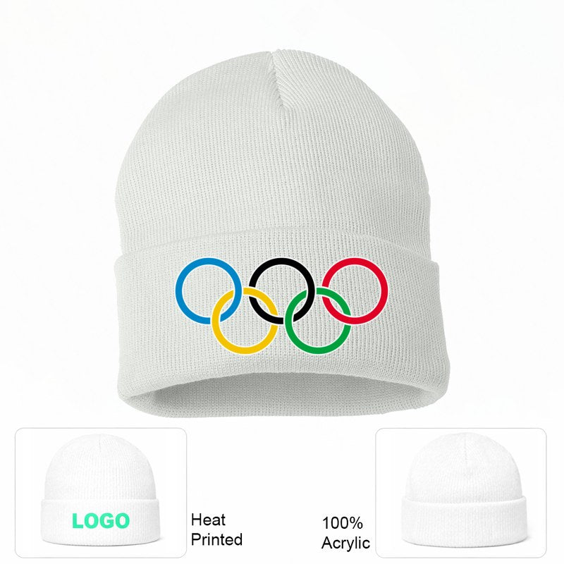 Olympic Ring Black Logo White Beanie Hat