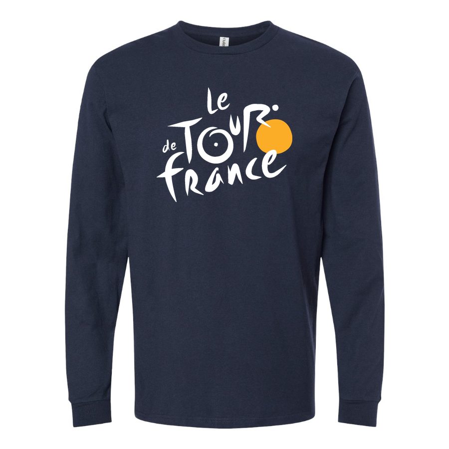 Men's Tour de France White Logo Long sleeves Cotton Blend T-Shirt - Navy
