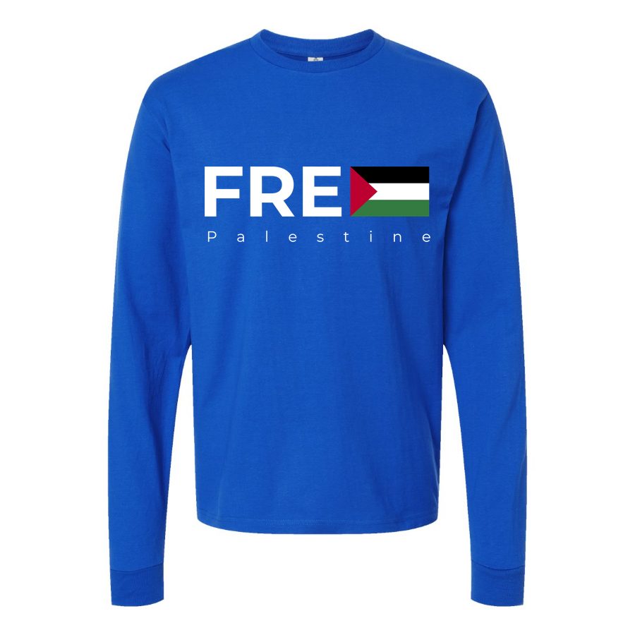 Men's Free Palestine white Long sleeves Cotton Blend T-Shirt - Blue