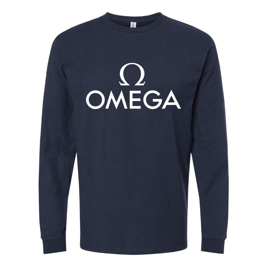 Men's Omega White Logo Long sleeves Cotton Blend T-Shirt - Navy
