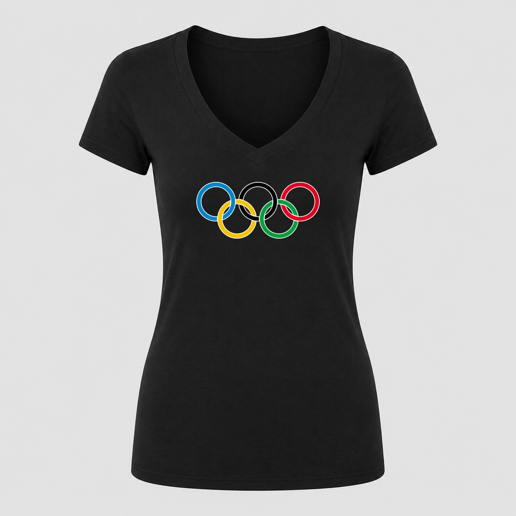 Women's Olympic Rings Black Design V Neck T-Shirt in black