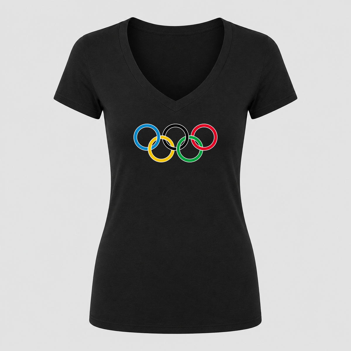 Women's Olympic Rings Black Design V Neck T-Shirt in black
