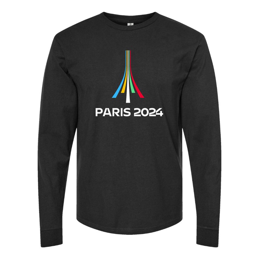 Men's Paris-2024-Olympics-logo-white Long sleeves Cotton Blend T-Shirt - Black