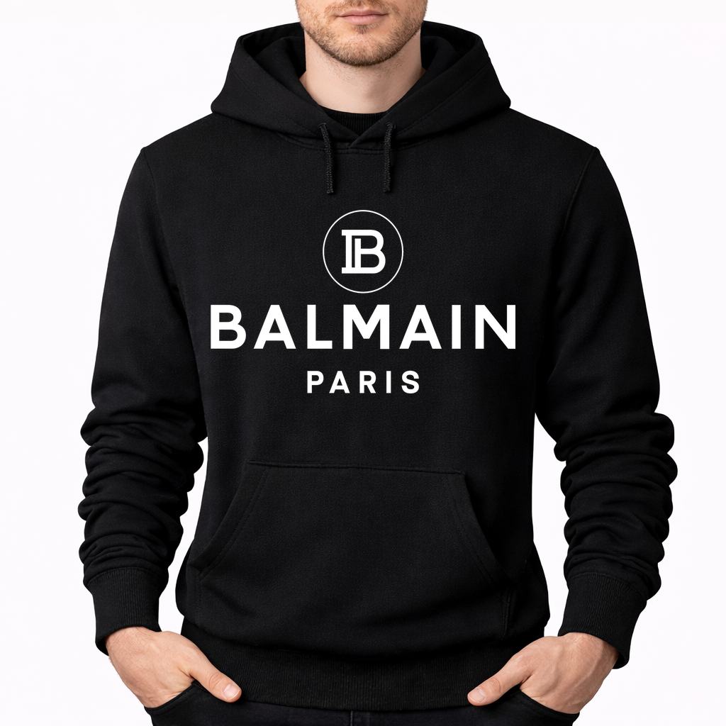 Men's Balmain Paris White Pullover Hoodie - Black