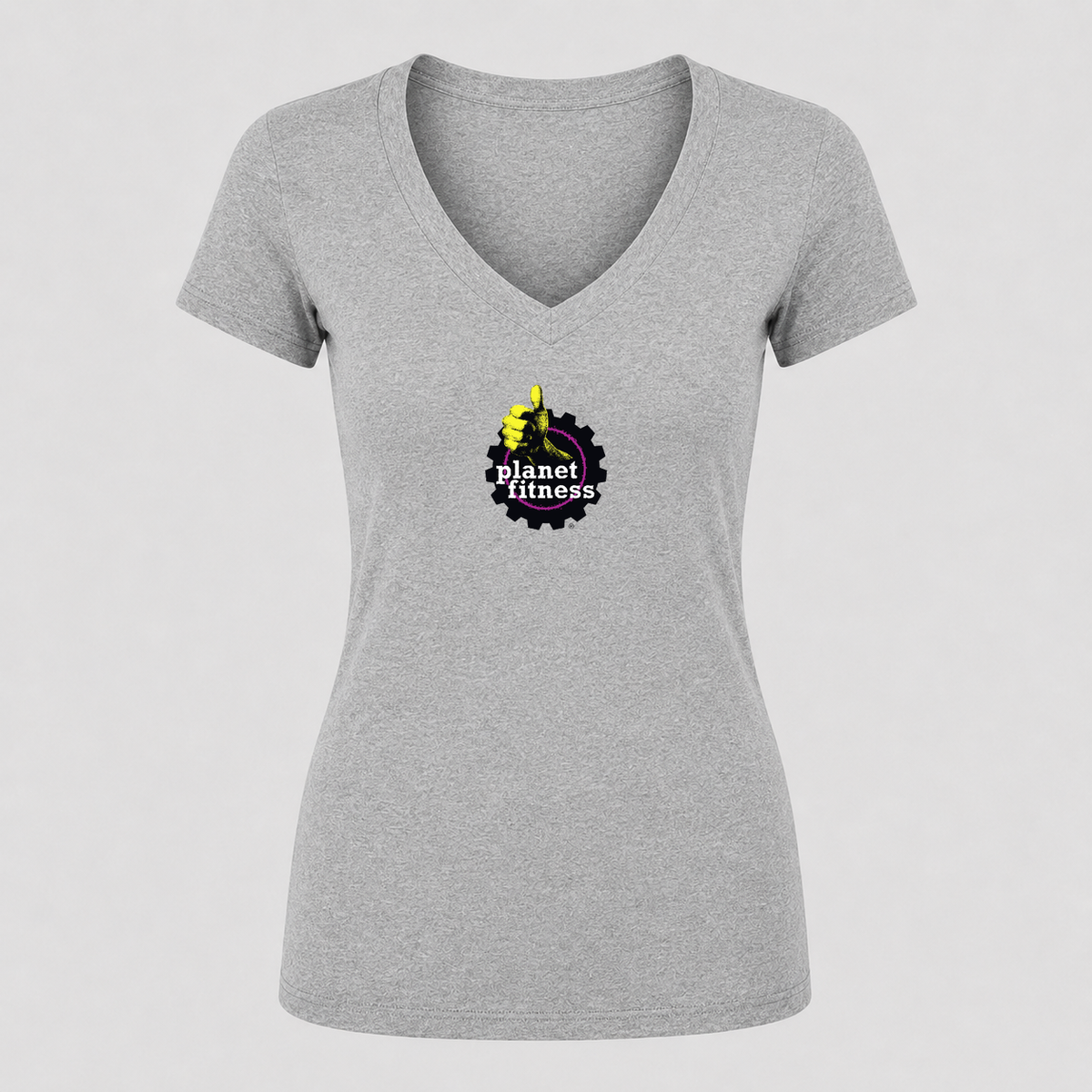 Women's Planet Fitness V Neck T-Shirt in gray