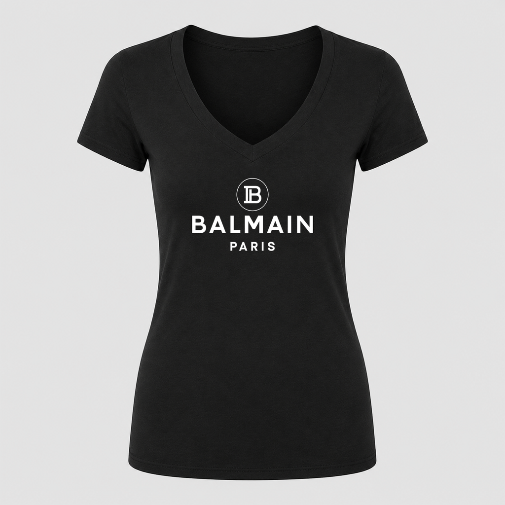 Women's Balmain Paris White Design V Neck T-Shirt in black