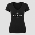 Women's Balmain Paris White Design V Neck T-Shirt in black