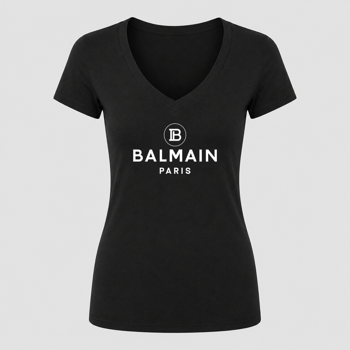 Women's Balmain Paris White Design V Neck T-Shirt in black