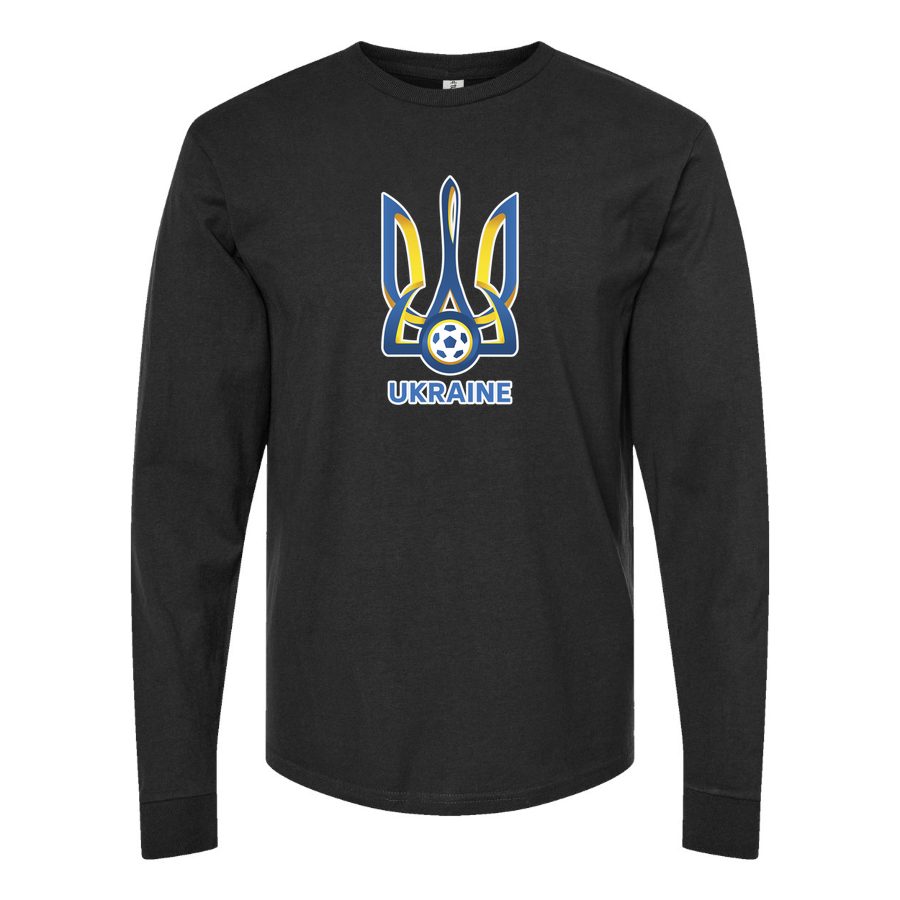 Men's Ukraine National Football Soccer Team Logo Long sleeves Cotton Blend T-Shirt - Black