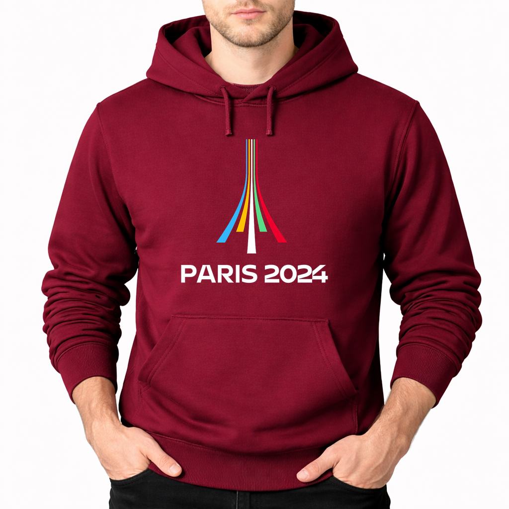 Men's Paris-2024-Olympics--white Pullover Hoodie - Burgundy