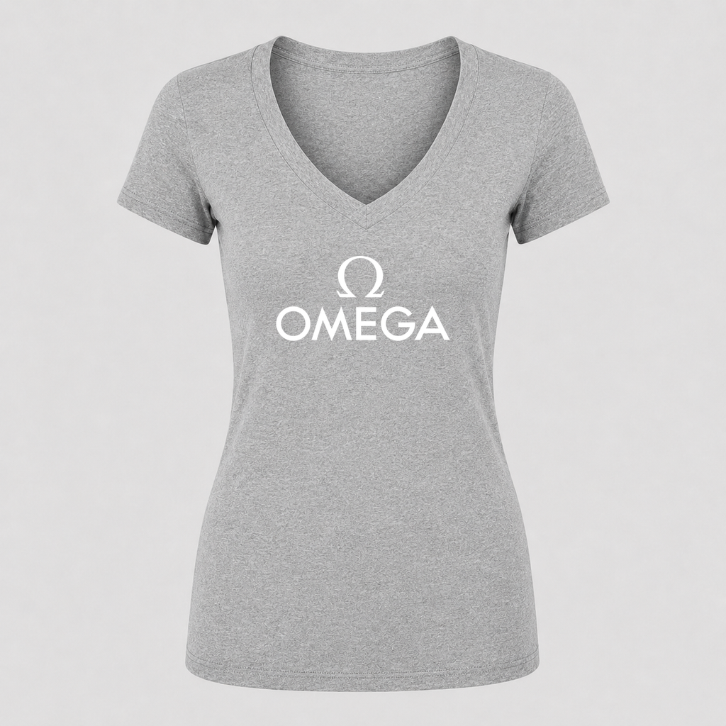 Women's Omega White Design V Neck T-Shirt in gray