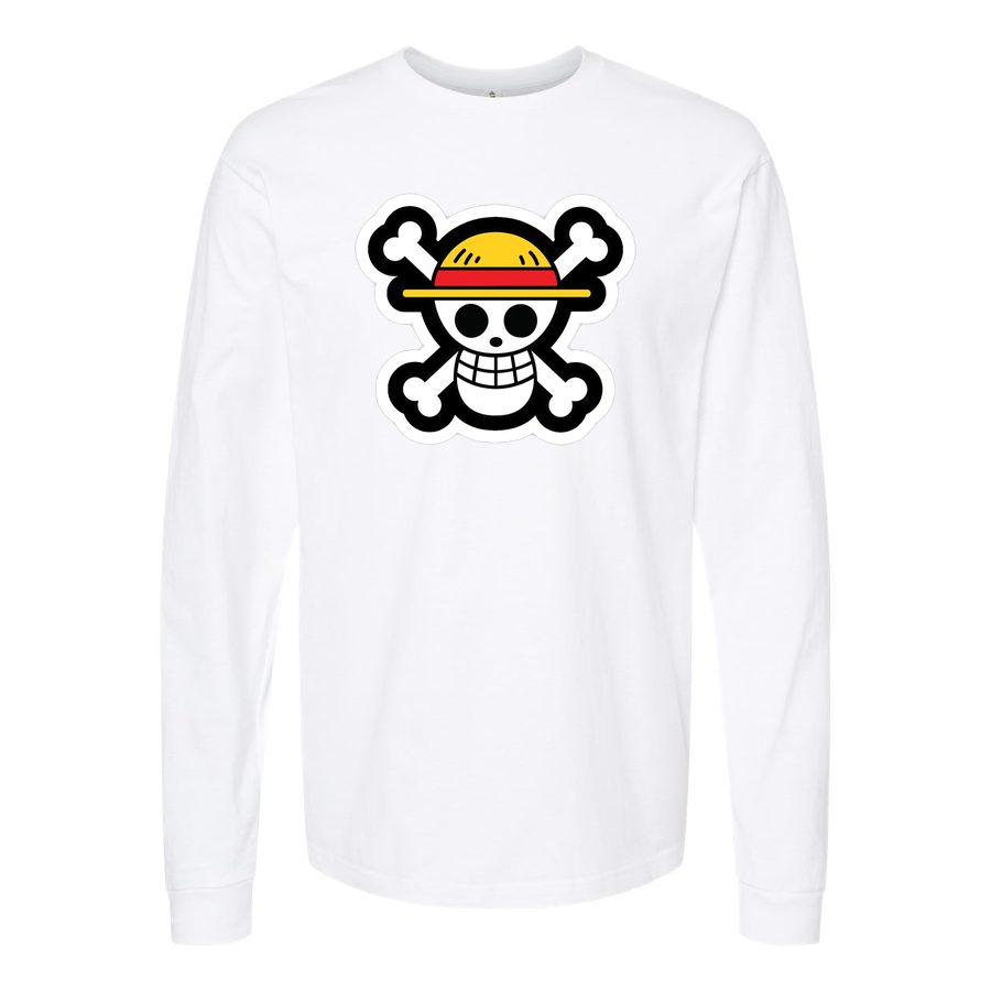 Men's StrawHat Luffy Cartoon Long sleeves Cotton Blend T-Shirt - White