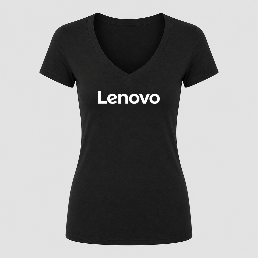 Women's Lenovo White Design V Neck T-Shirt in black