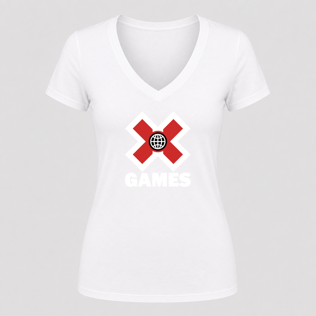 Women's X Games White Design V Neck T-Shirt in white