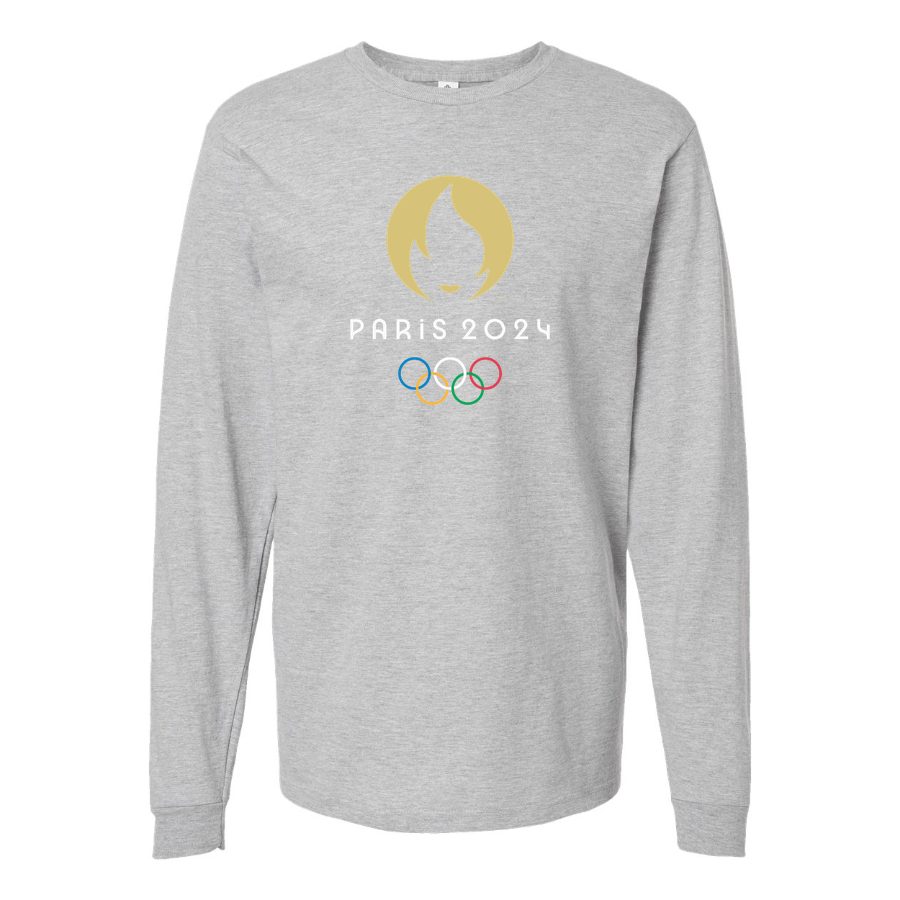 Men's Olympics 2024 Paris White Long sleeves Cotton Blend T-Shirt - Gray