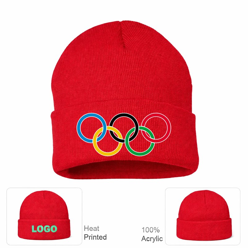 Olympic Ring Black Logo Red Beanie Hat