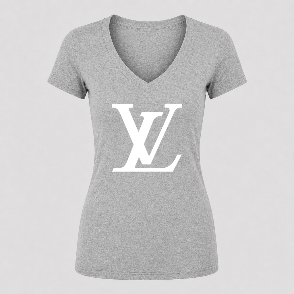 Women's Louis Vuitton White Design V Neck T-Shirt in gray