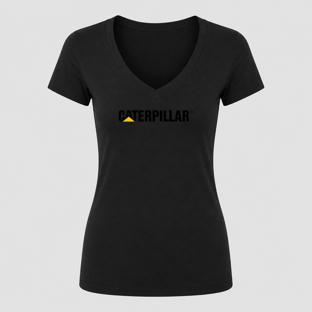Women's Caterpillar Black Design V Neck T-Shirt in black