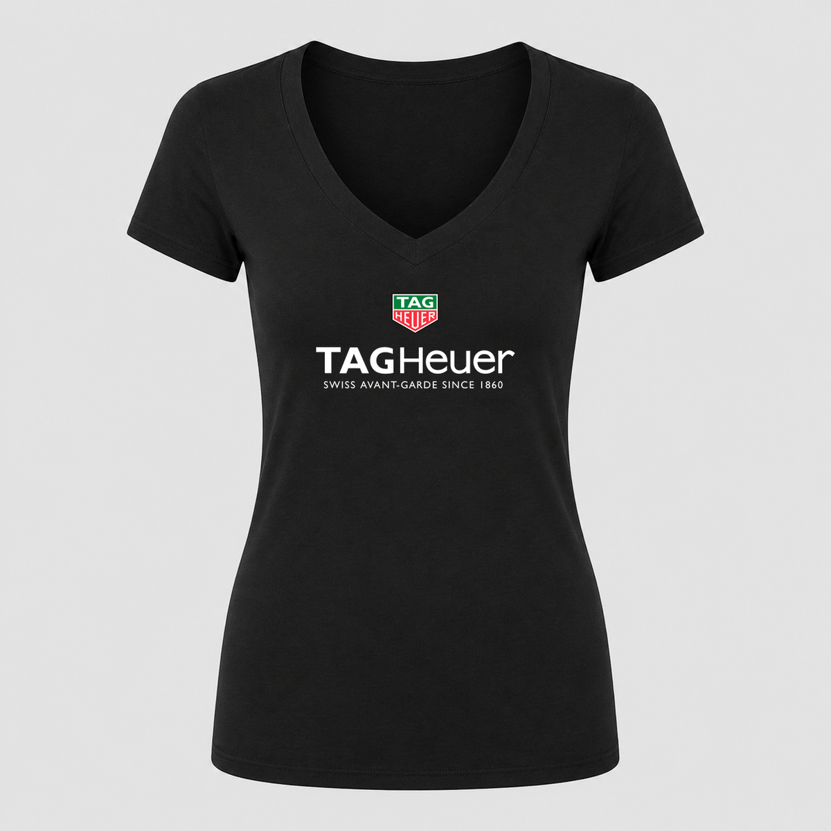 Women's TAG Heuer White Design V Neck T-Shirt in black