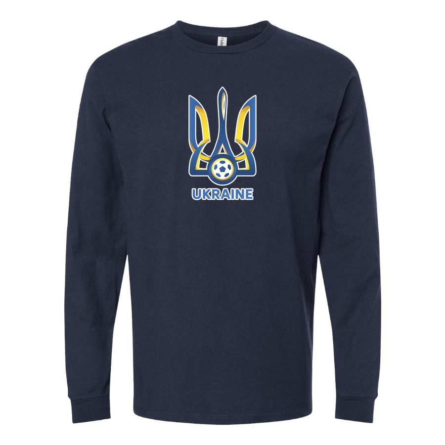 Men's Ukraine National Football Soccer Team Logo Long sleeves Cotton Blend T-Shirt - Navy