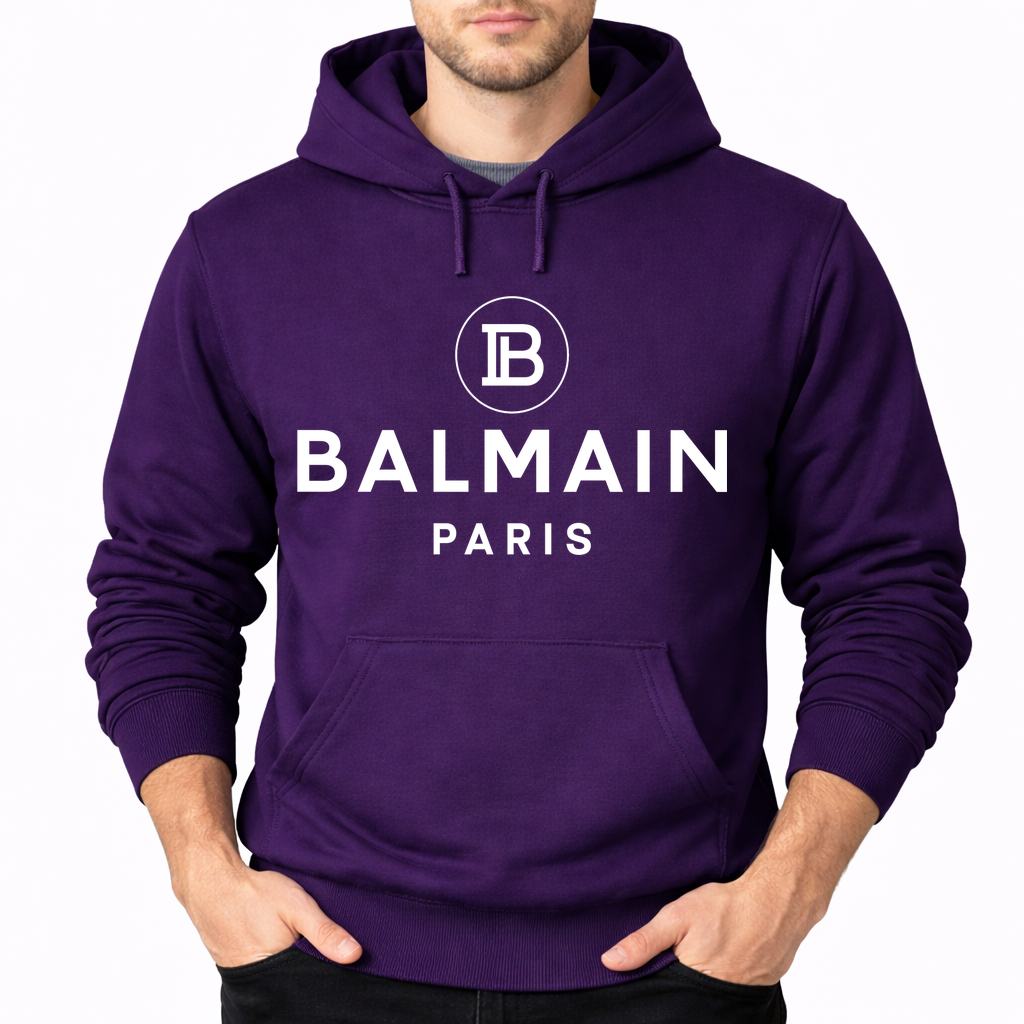 Men's Balmain Paris White Pullover Hoodie - Purple