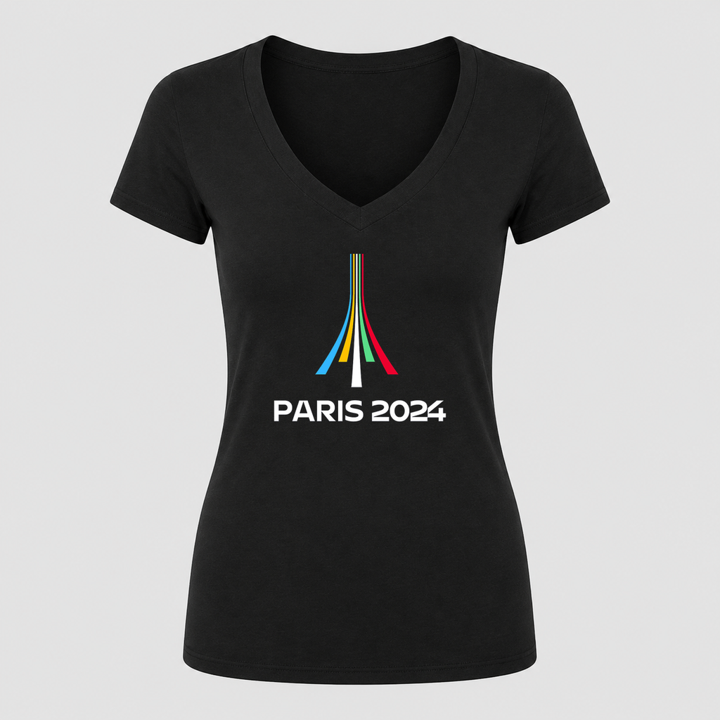 Women's Paris 2024 Olympics White Design V Neck T-Shirt in black
