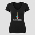 Women's Paris 2024 Olympics White Design V Neck T-Shirt in black