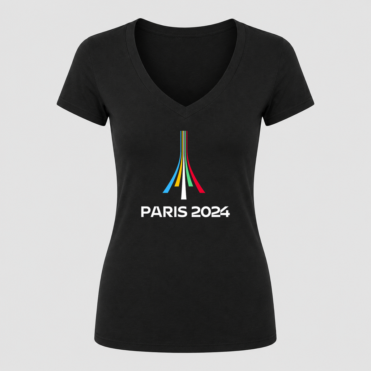 Women's Paris 2024 Olympics White Design V Neck T-Shirt in black
