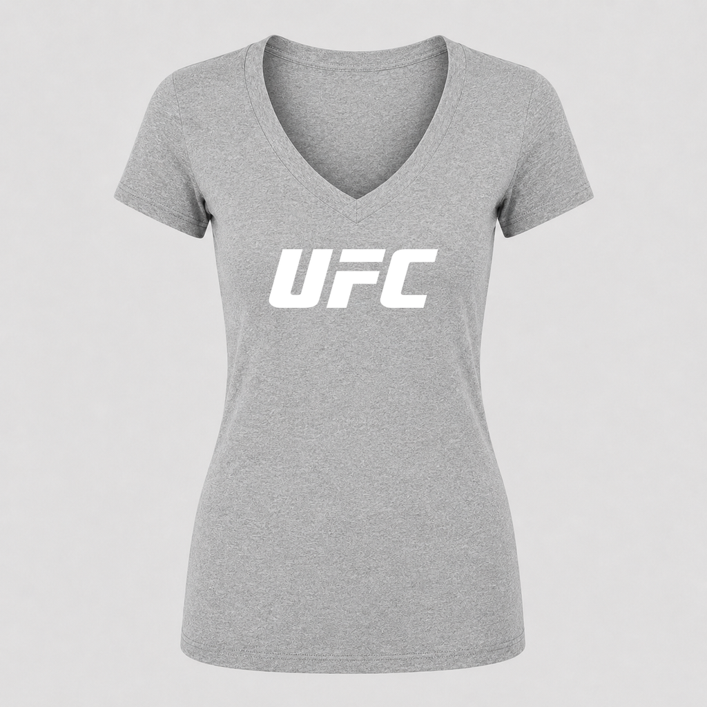Women's UFC White Design V Neck T-Shirt in gray