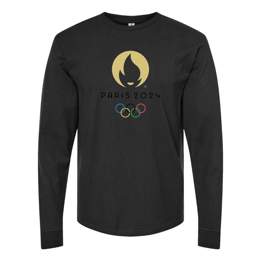 Men's Olympics 2024 Paris Black Long sleeves Cotton Blend T-Shirt - Black