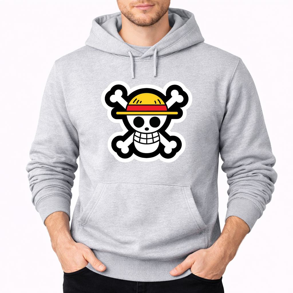 Men's Straw Hat Luffy Pullover Hoodie - Gray
