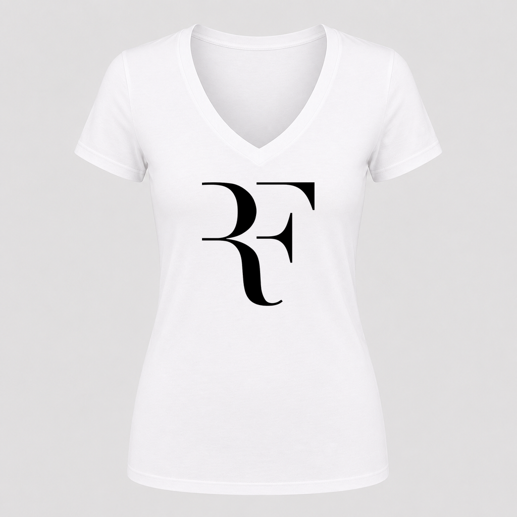 Women's Roger Federer Black Design V Neck T-Shirt in white