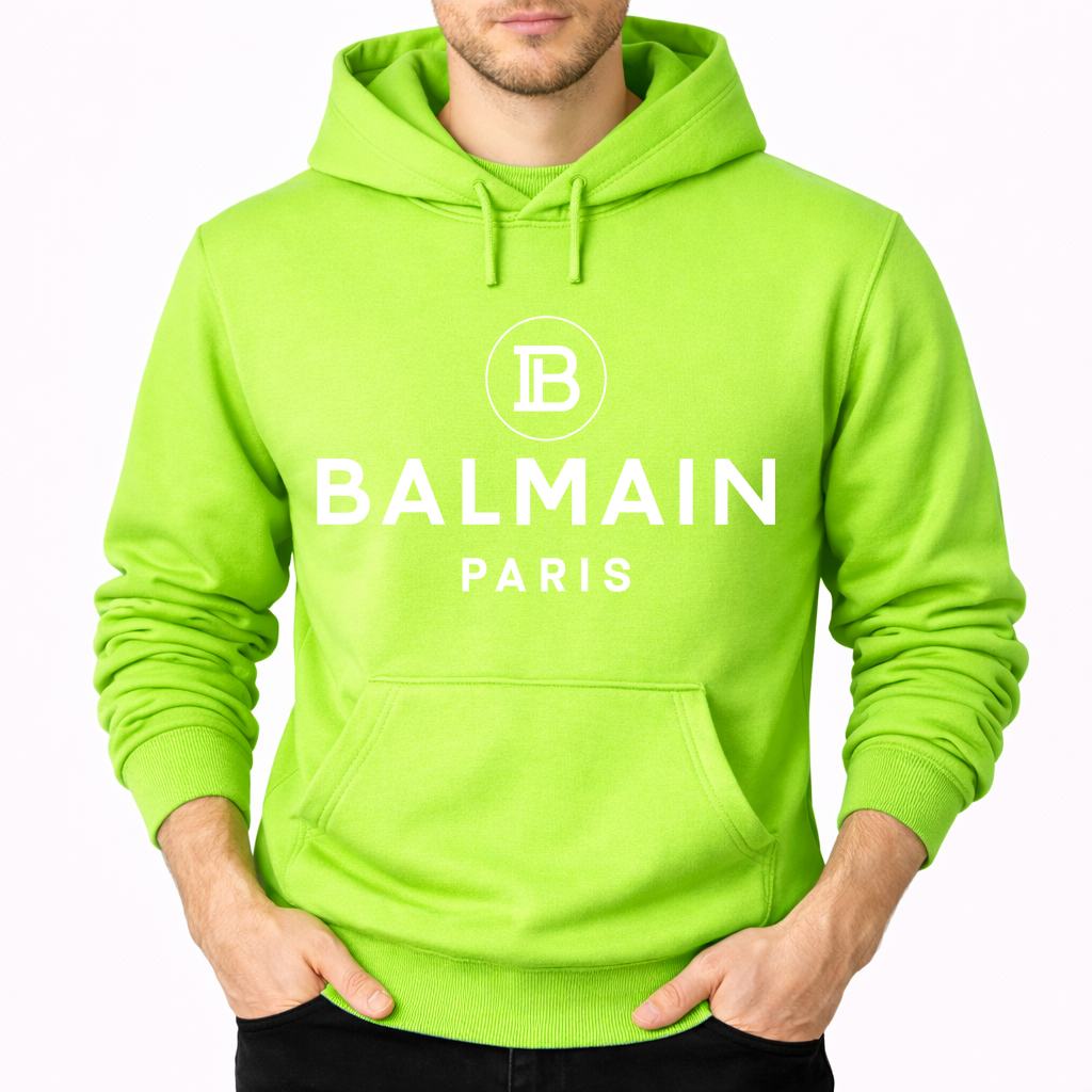 Men's Balmain Paris White Pullover Hoodie - Lime green