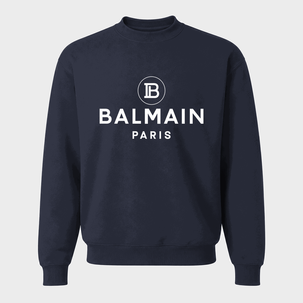 Men's Balmain Paris White Logo Crewneck Sweatshirt - Navy