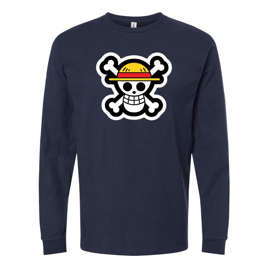 Men's StrawHat Luffy Cartoon Long sleeves Cotton Blend T-Shirt - Navy