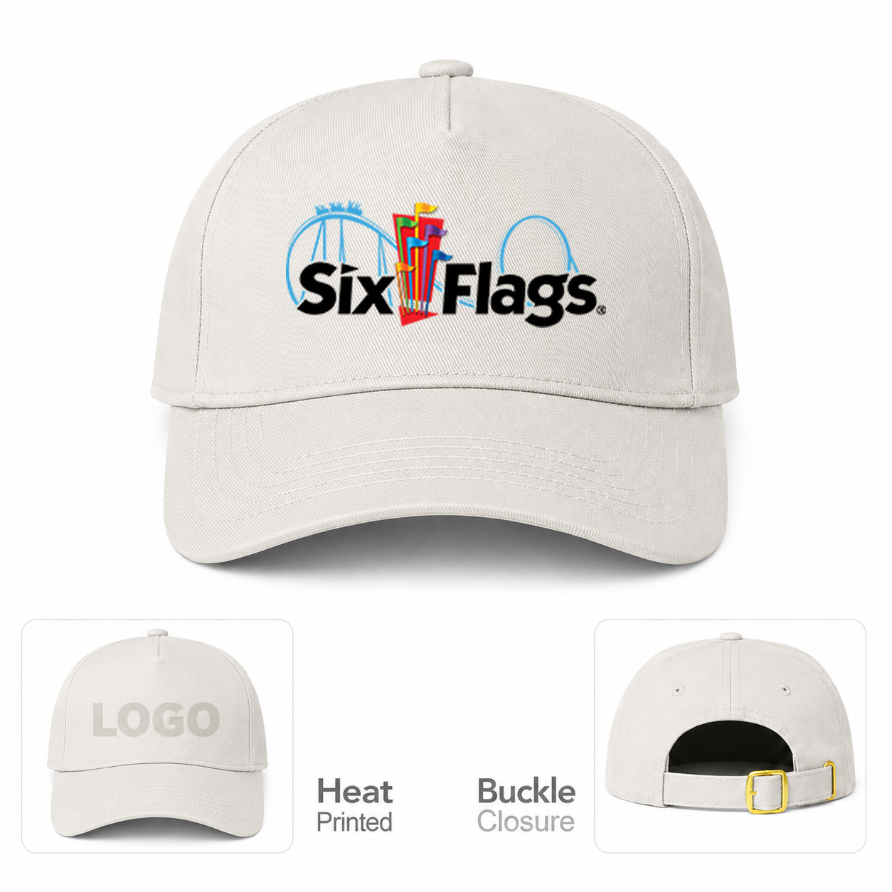 Six Flags Beige Dad Baseball Cap Hat