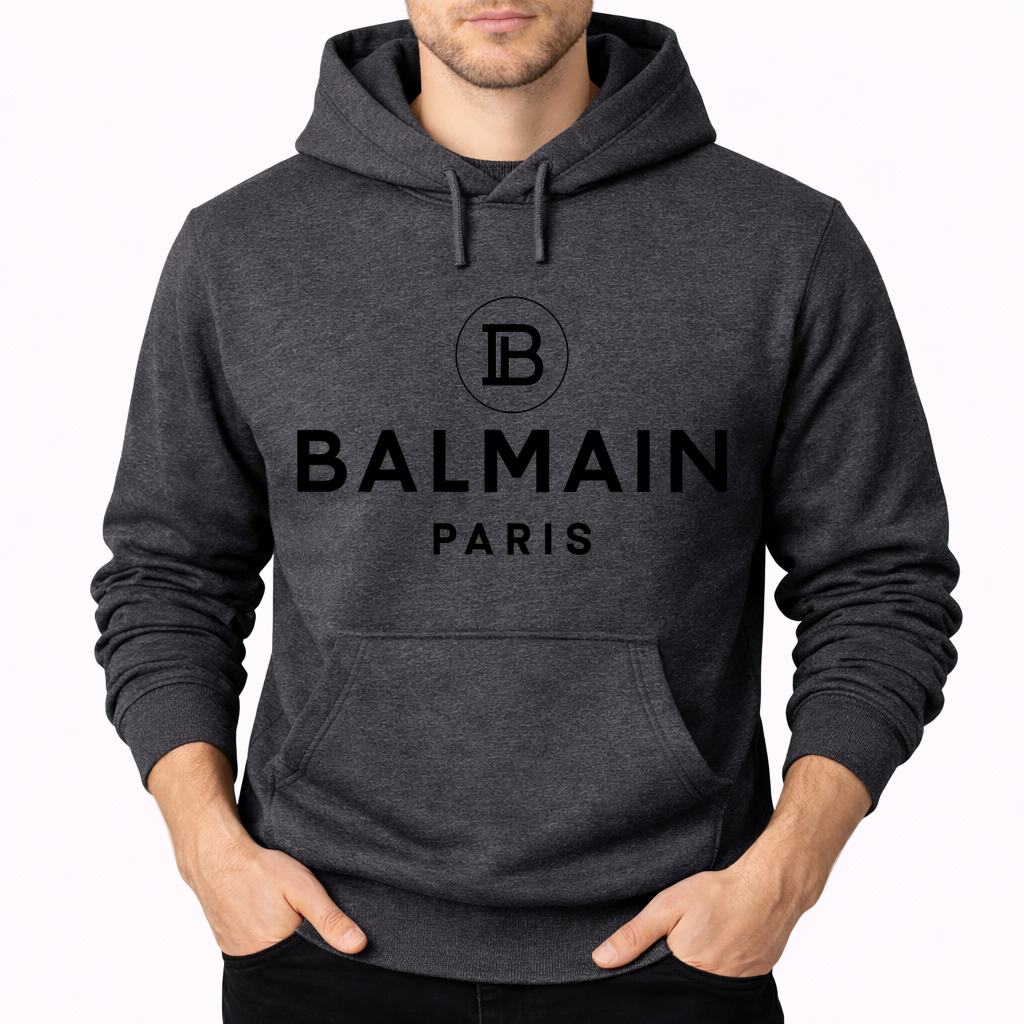Men's Balmain Paris Pullover Hoodie - Charcoal