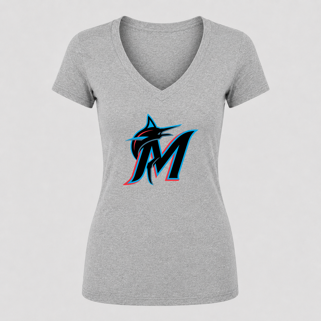 Women's Miami Marlins V Neck T-Shirt in gray