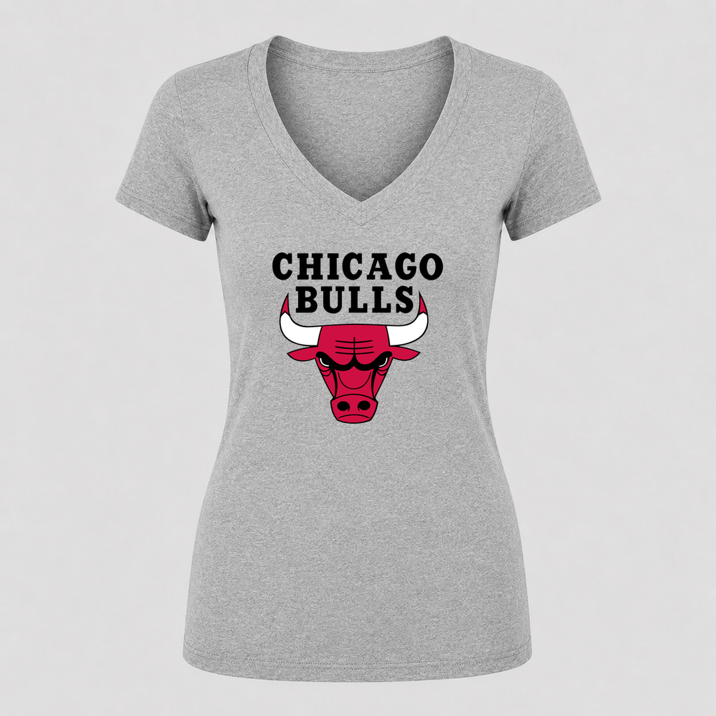Women's Chicago bulls Black Design V Neck T-Shirt in gray