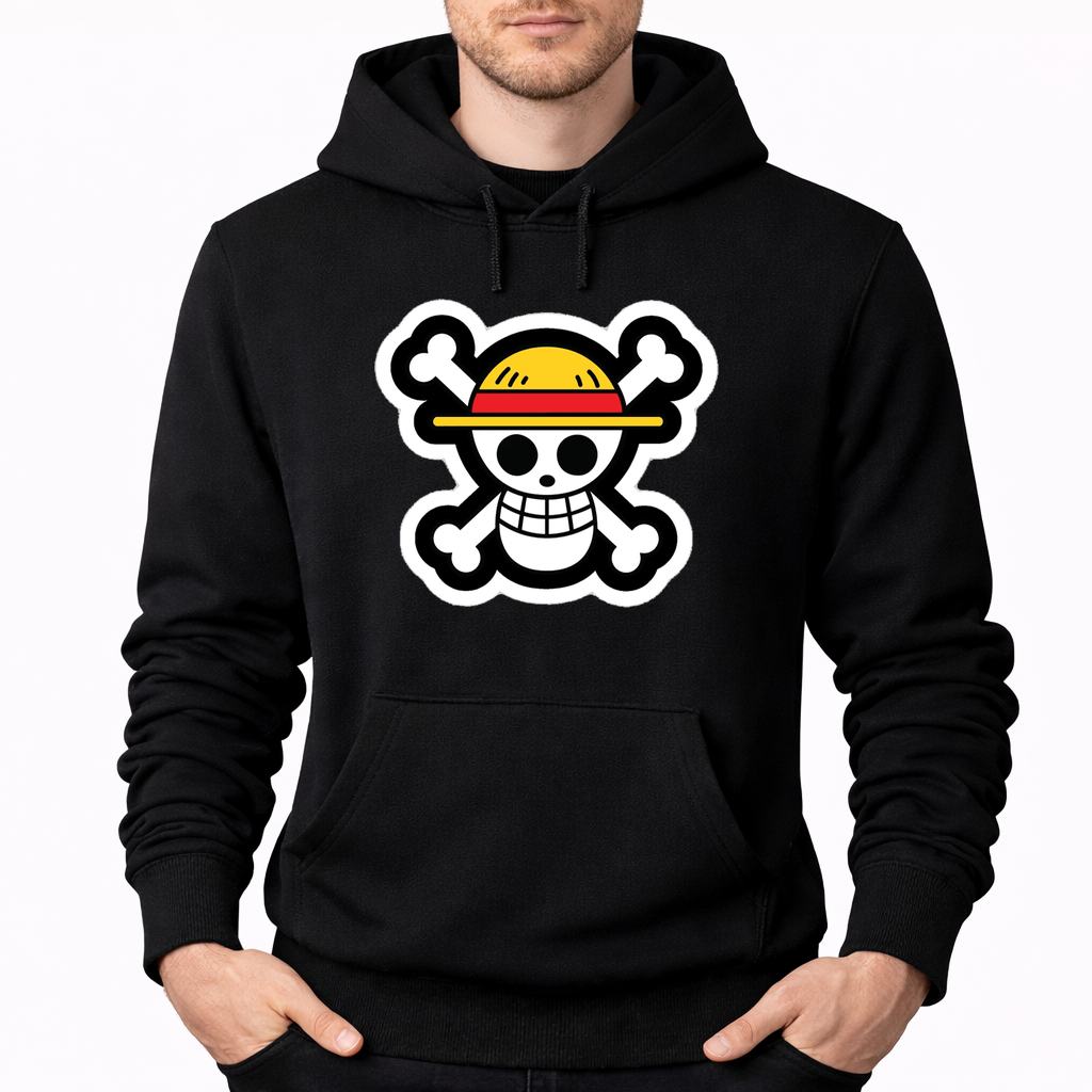 Men's Straw Hat Luffy Pullover Hoodie - Black