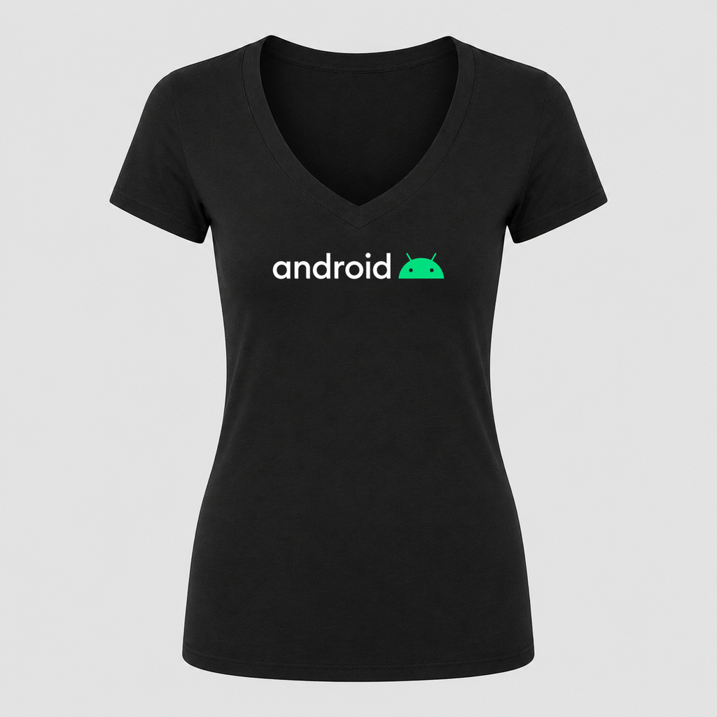 Women's Android White Design V Neck T-Shirt in black
