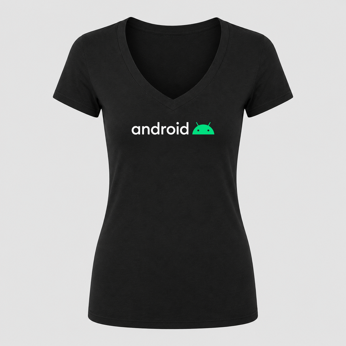 Women's Android White Design V Neck T-Shirt in black