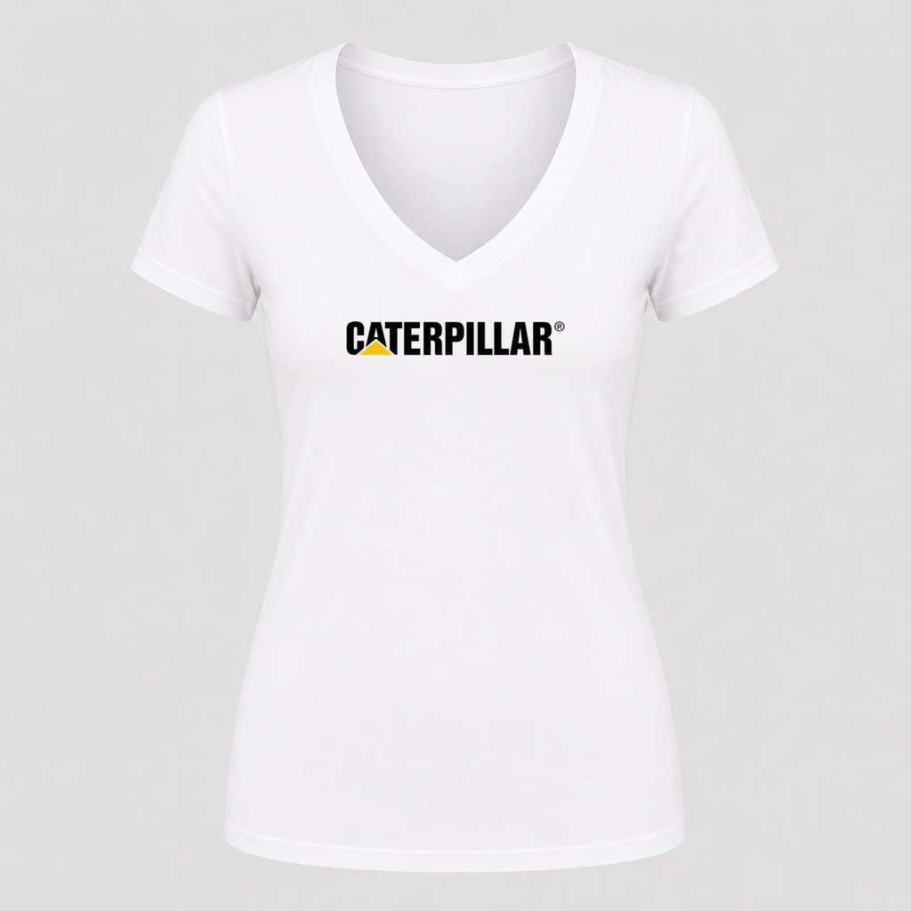Women's Caterpillar Black Design V Neck T-Shirt in white