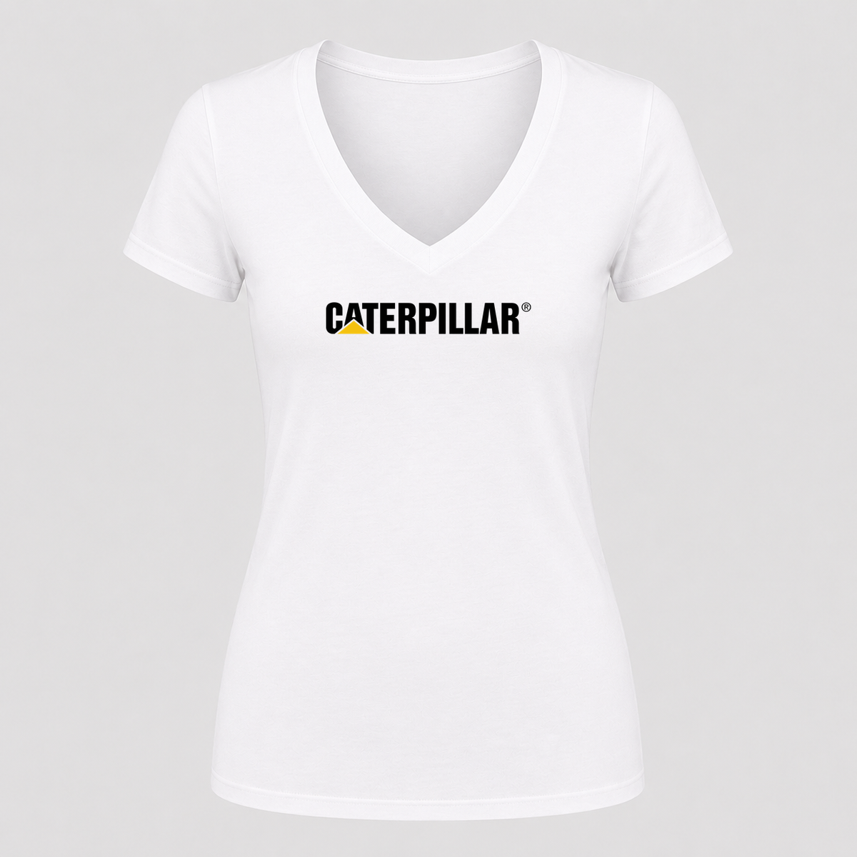 Women's Caterpillar Black Design V Neck T-Shirt in white