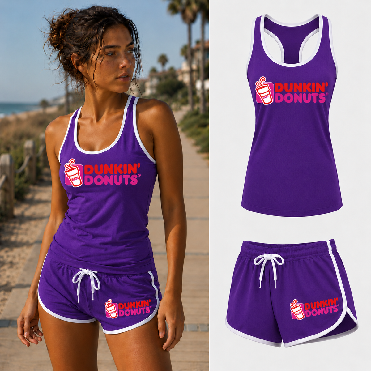 Women's Dunkin' Donuts tank top and shorts set in Purple