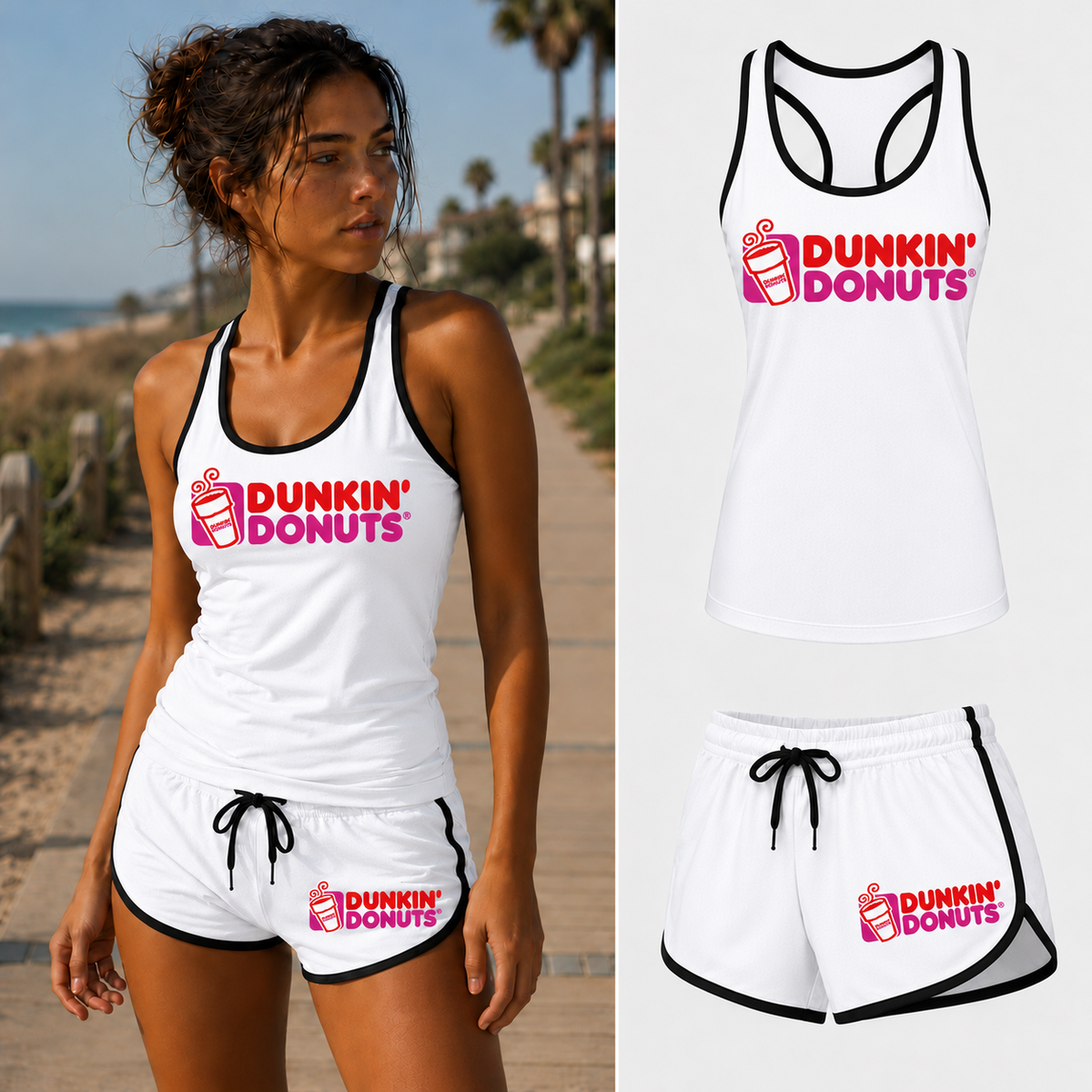Women's Dunkin' Donuts tank top and shorts set in White