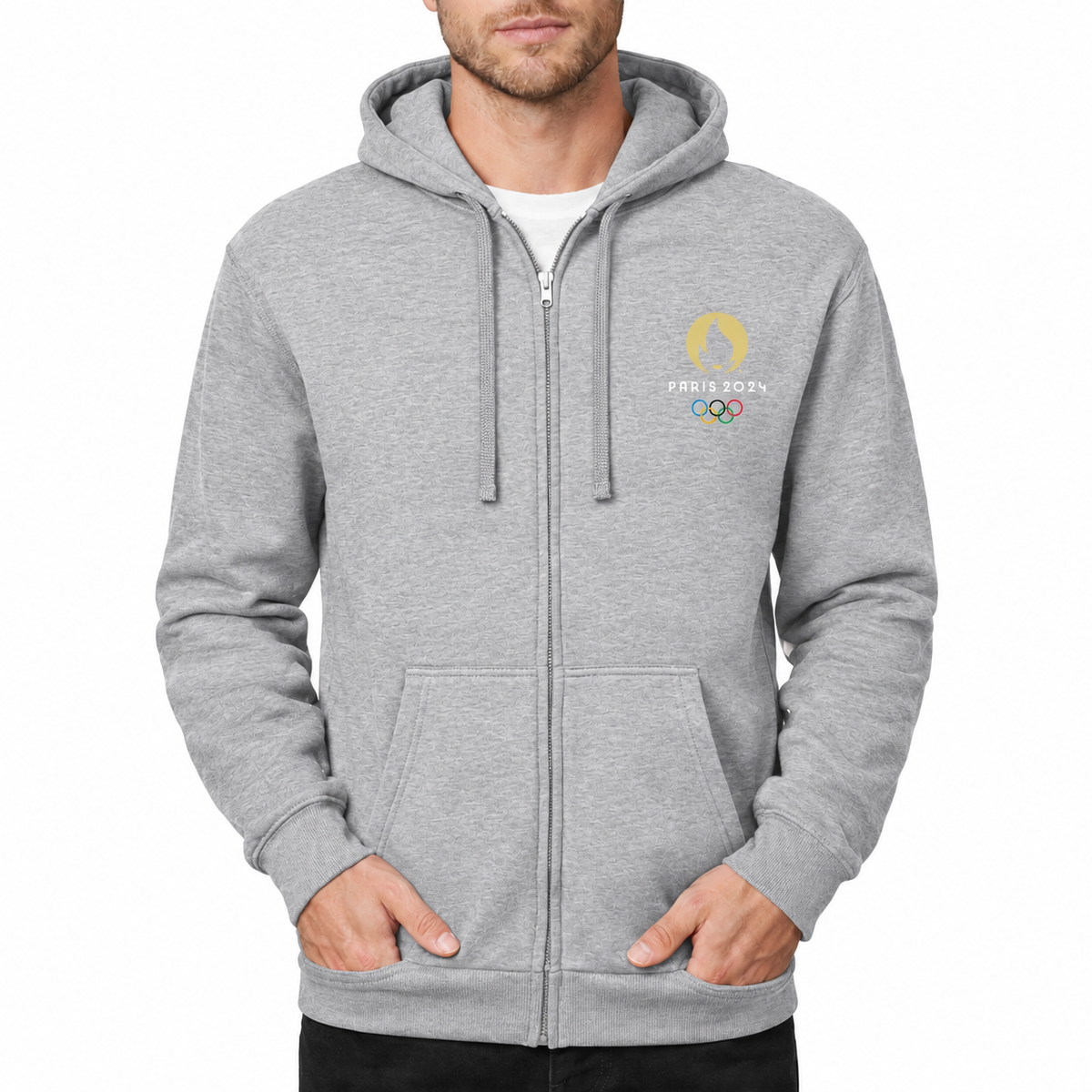 Men's Olympics 2024 Paris White Zipper Hoodie - Grey